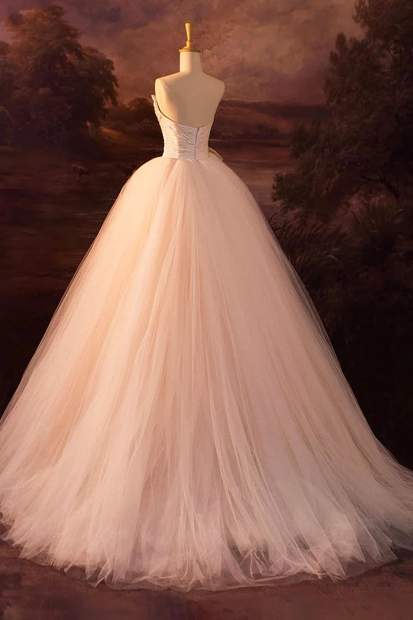 Champagne Strapless Tulle Long Prom Dress Beautiful A-Line Tulle Formal Evening Dress
