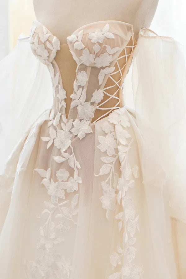 Champagne Lace Long A-Line Ball Gown Off the Shoulder Evening Party Dress