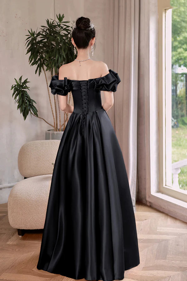 Black Satin Floor Length A-Line Prom Dress Off the Shoulder Evening Party Dress