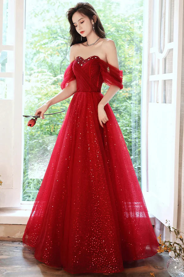 Beautiful Sweetheart Neckline Tulle Long Prom Dress Off the Shoulder Evening Party Dress