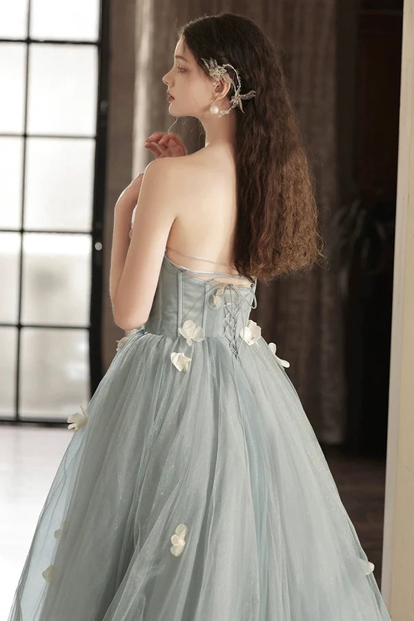 A-Line Gray Tulle Strapless Floor Length Prom Dress Beautiful Backless Evening Party Dres with Flowers