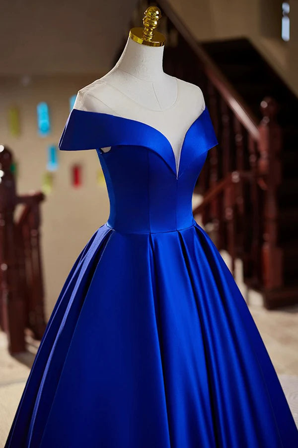 Blue Satin Floor Length Prom Dress Elegant A-Line Evening Party Dress