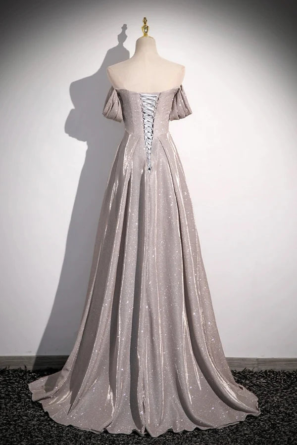 Grey Sequins Ruffle Long Party Dress Off the Shoulder Short Sleeve Sweep Train Evening Dress