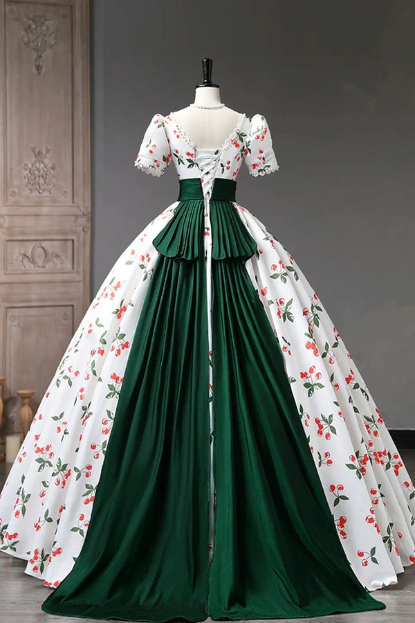 Cute Cherry Pattern Long Princess Prom Dress White A-Line Evening Party Dress