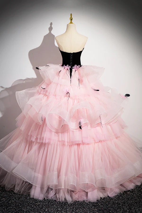 Black Velvet and Pink Tulle Strapless Ball Gown Pink Backless Ruffles Formal Evening Dress