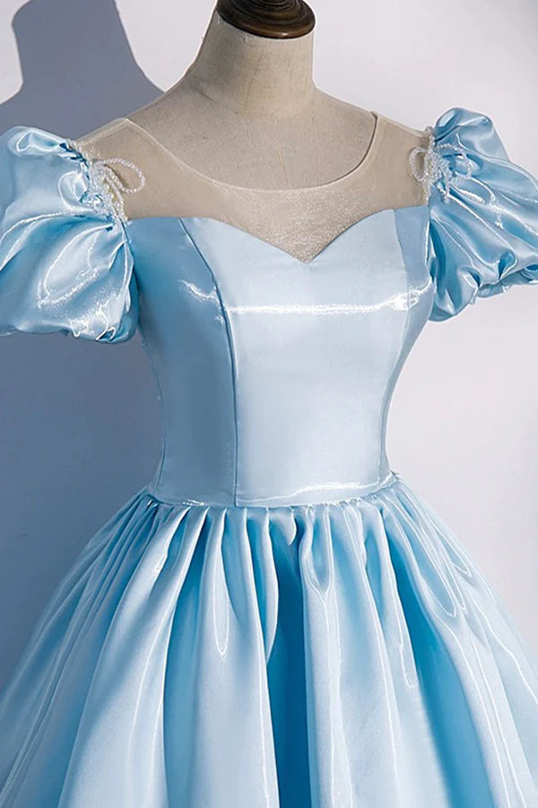 Blue Satin Long Prom Dress Blue A-Line Scoop Neckline Short Sleeve Evening Dress