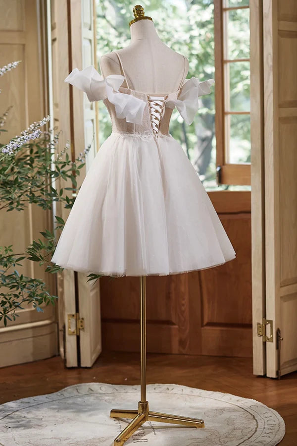 Cute Spaghetti Strap Tulle Lace Homecoming Dress Off Shoulder Short Prom Dress