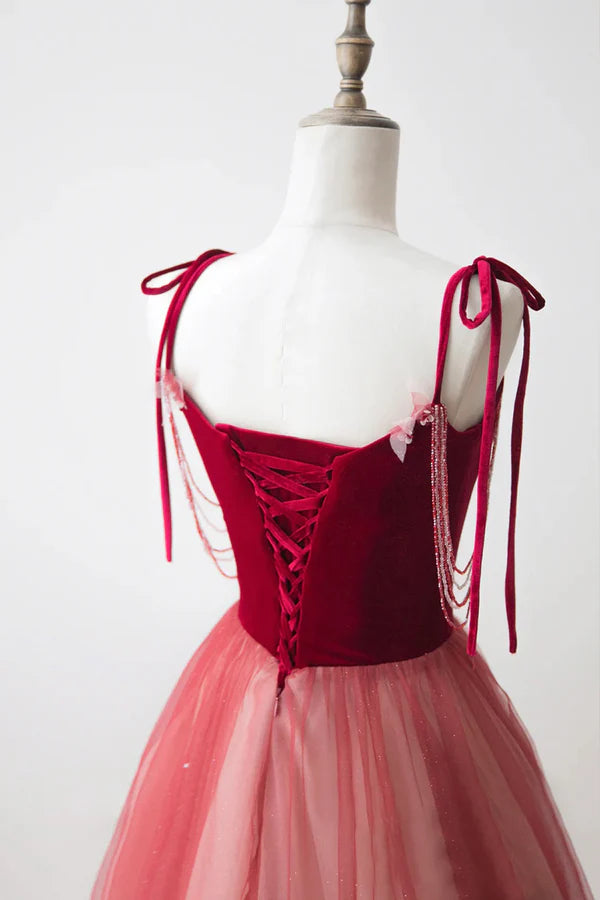 Burgundy Velvet Tulle Long Formal Dress Beautiful A-Line Spaghetti Strap Evening Dress