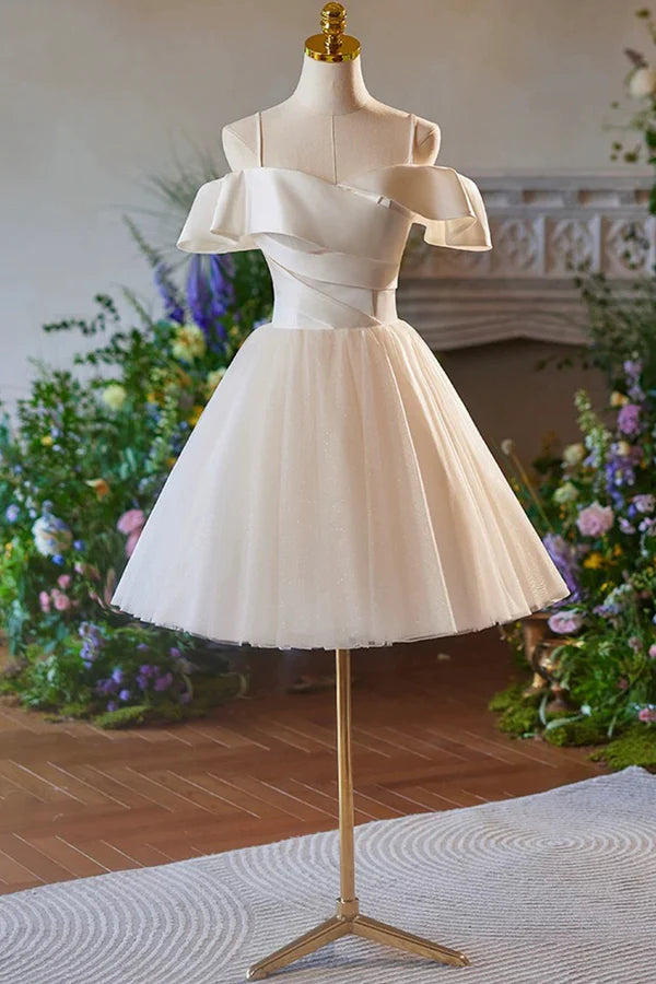 Champagne Spaghetti Straps Knee Length Prom Dress A-Line Sleeveless Backless Party Dress