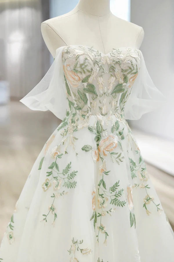 Beautiful Floral Lace Tulle Long Prom Dress White Off the Shoulder Evening Party Dress