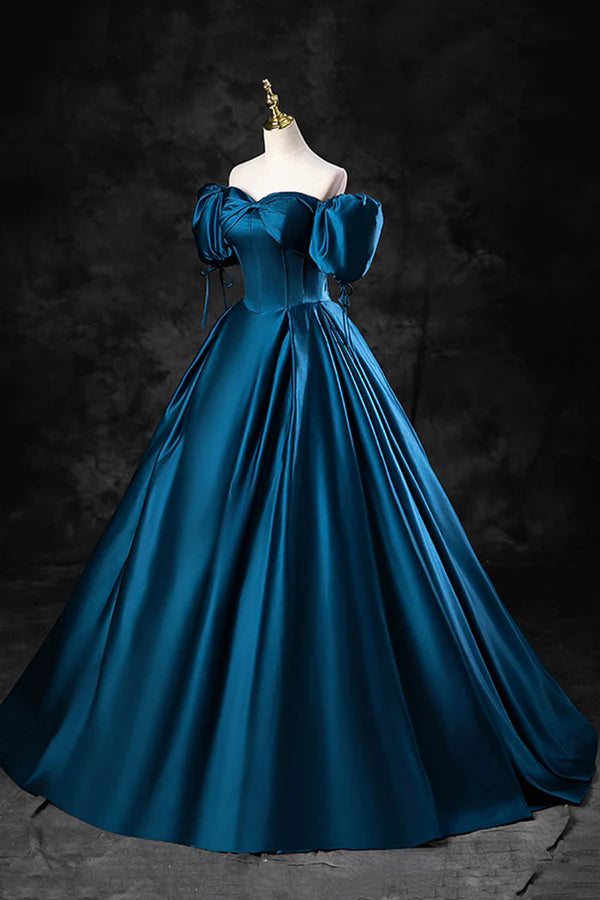 Blue Off the Shoulder Satin Floor Length Prom Dress with Corset Blue Evening Party Dress