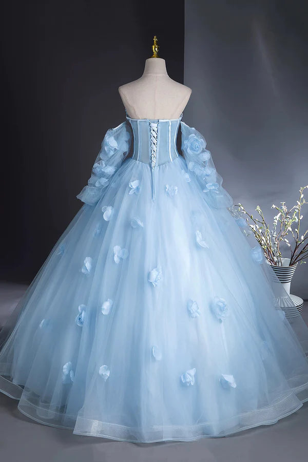Blue Tulle Long Sleeves Formal Dress with Flowers Blue A-Line Prom Party Dress