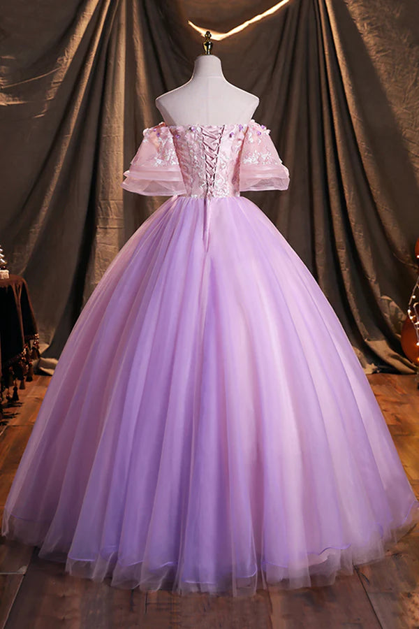 Purple Tulle Sequins Long Prom Dress Beautiful Off the Shoulder Evening Party Dress