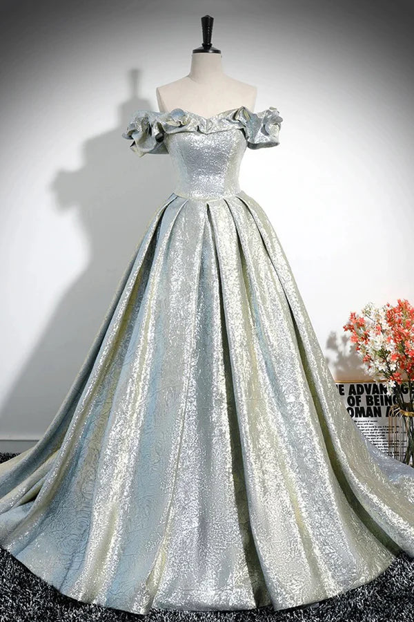 Silver Glitter Satin Off the Shoulder Prom Dress A-Line Backless Floor-Length Formal Dress