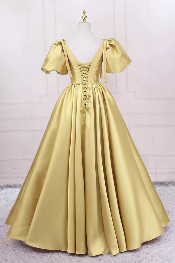 Yellow V-Neck Satin Long Prom Dress A-Line Puff Sleeves Evening Party Dress