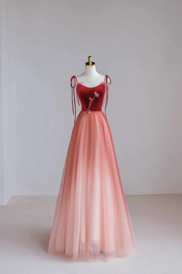 Burgundy Velvet Tulle Long Formal Dress Beautiful A-Line Spaghetti Strap Evening Dress