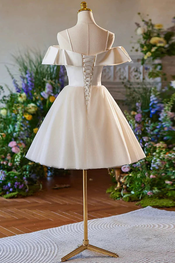 Champagne Spaghetti Straps Knee Length Prom Dress A-Line Sleeveless Backless Party Dress