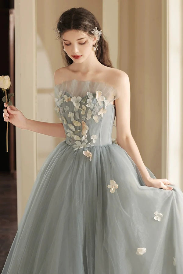 A-Line Gray Tulle Strapless Floor Length Prom Dress Beautiful Backless Evening Party Dres with Flowers