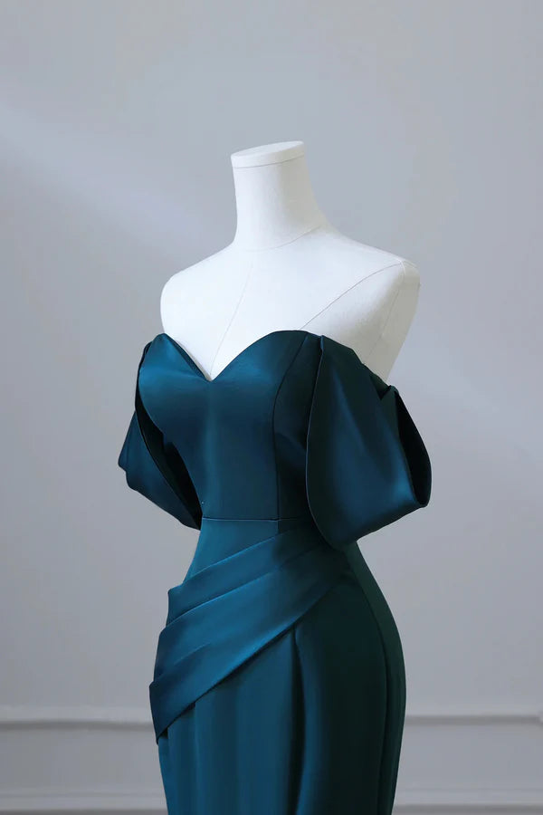 Simple Off Shoulder Satin Ink Blue Long Prom Dress Ink Blue Mermaid Formal Dress