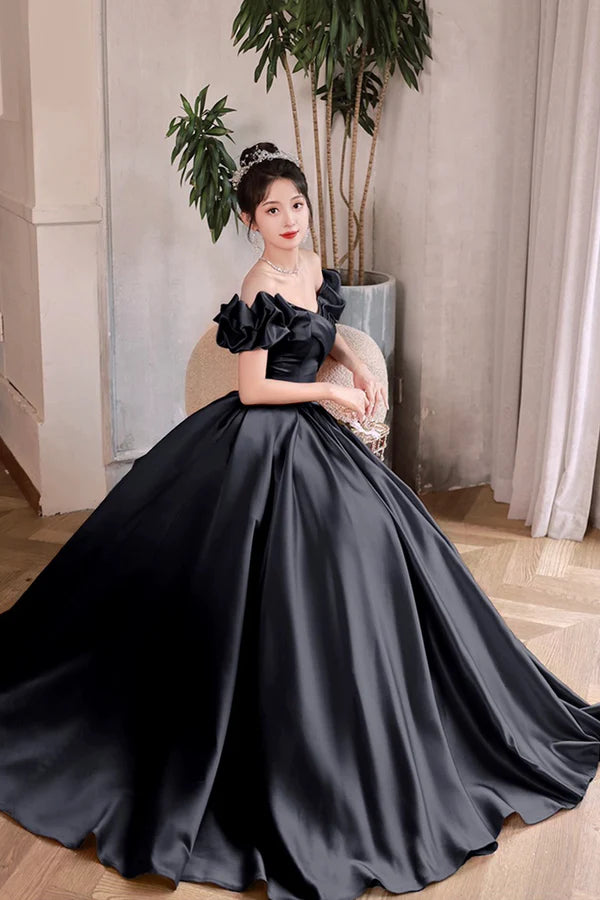 Black Satin Floor Length A-Line Prom Dress Off the Shoulder Evening Party Dress
