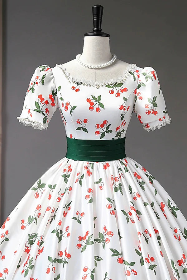 Cute Cherry Pattern Long Princess Prom Dress White A-Line Evening Party Dress