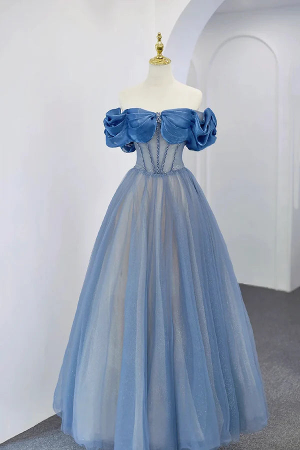 Blue Tulle Beaded Floor Length A-Line Prom Dress Elegant Off the Shoulder Evening Party Dress