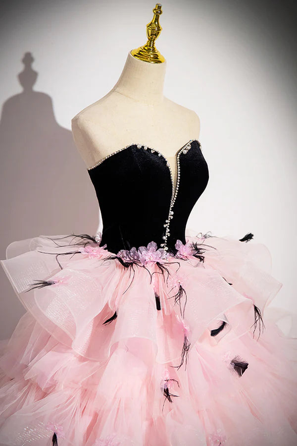 Black Velvet and Pink Tulle Strapless Ball Gown Pink Backless Ruffles Formal Evening Dress