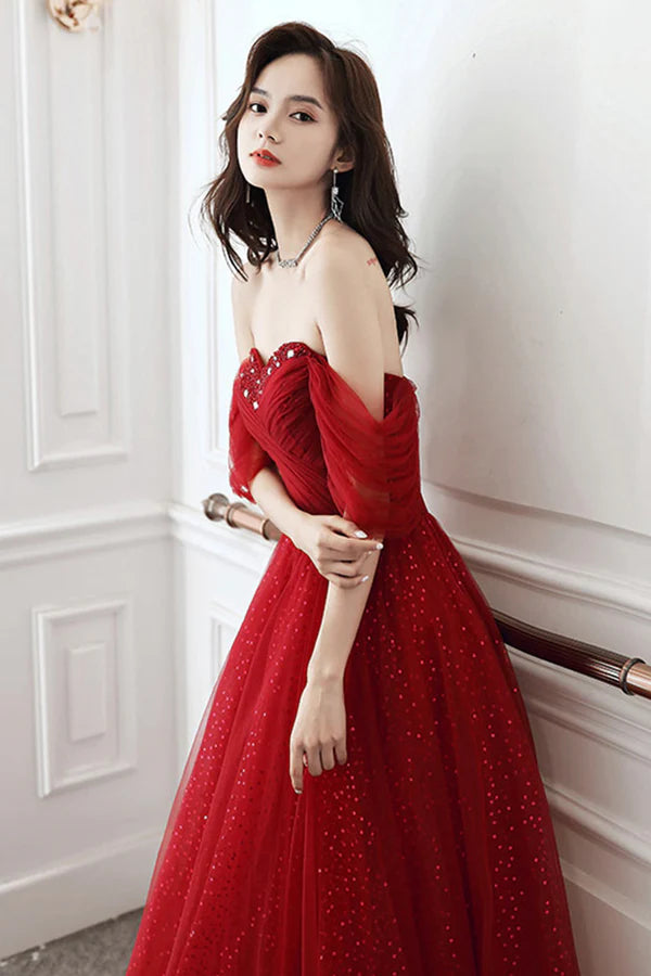 Beautiful Sweetheart Neckline Tulle Long Prom Dress Off the Shoulder Evening Party Dress