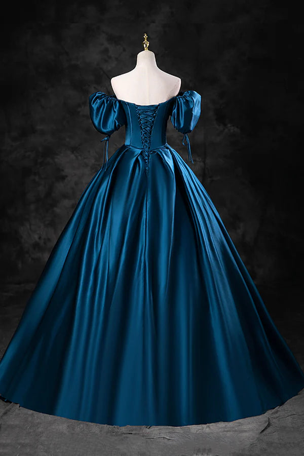 Blue Off the Shoulder Satin Floor Length Prom Dress with Corset Blue Evening Party Dress