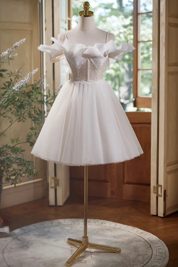 Cute Spaghetti Strap Tulle Lace Homecoming Dress Off Shoulder Short Prom Dress
