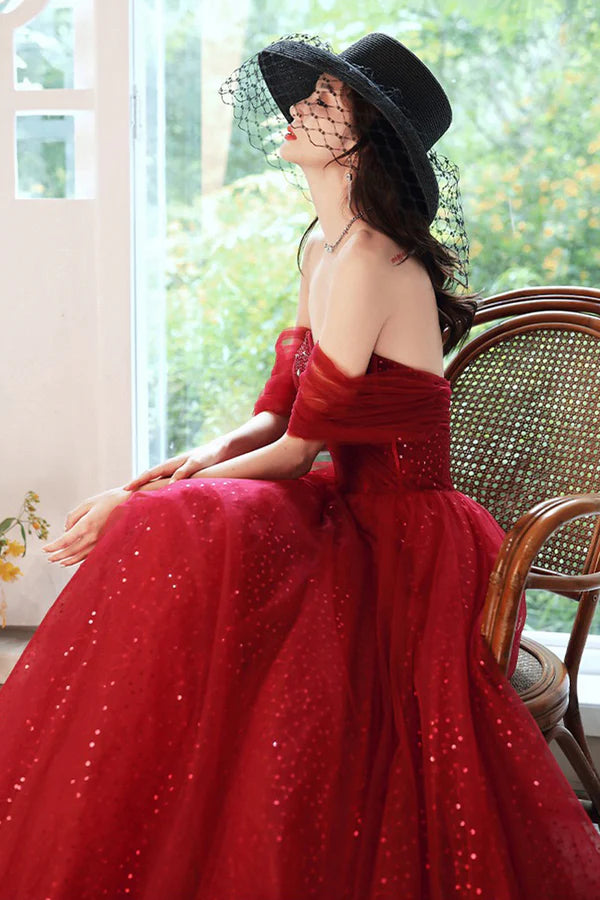Beautiful Sweetheart Neckline Tulle Long Prom Dress Off the Shoulder Evening Party Dress