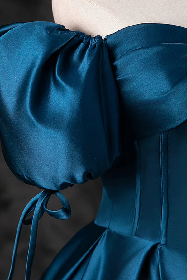 Blue Off the Shoulder Satin Floor Length Prom Dress with Corset Blue Evening Party Dress