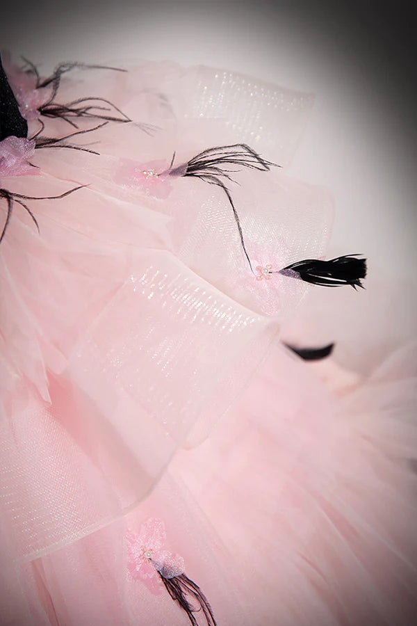 Black Velvet and Pink Tulle Strapless Ball Gown Pink Backless Ruffles Formal Evening Dress