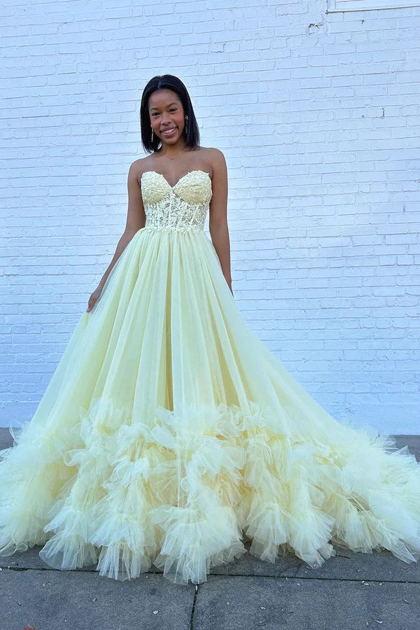 A-Line Yellow Sweetheart Corset Ruffle Prom Dress Beautiful Tulle Formal Evening Dress