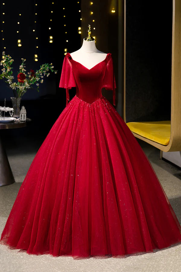 Burgundy Velvet and Tulle Long Prom Dress A-Line V-Neck Formal Evening Dress