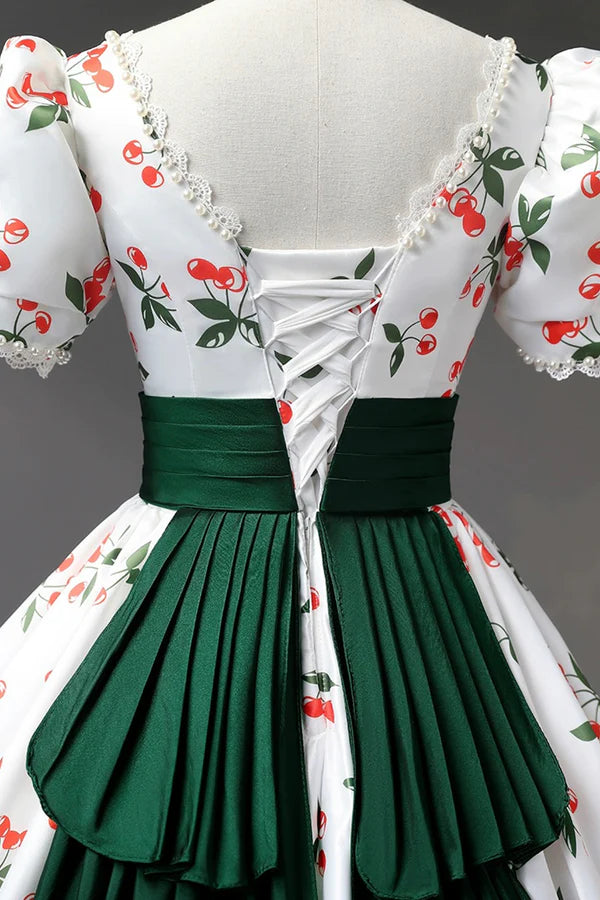 Cute Cherry Pattern Long Princess Prom Dress White A-Line Evening Party Dress