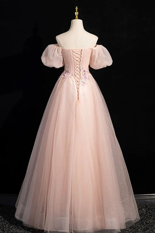 Pink Tulle Lace Floor Length Prom Dress Off the Shoulder Formal Evening Dress