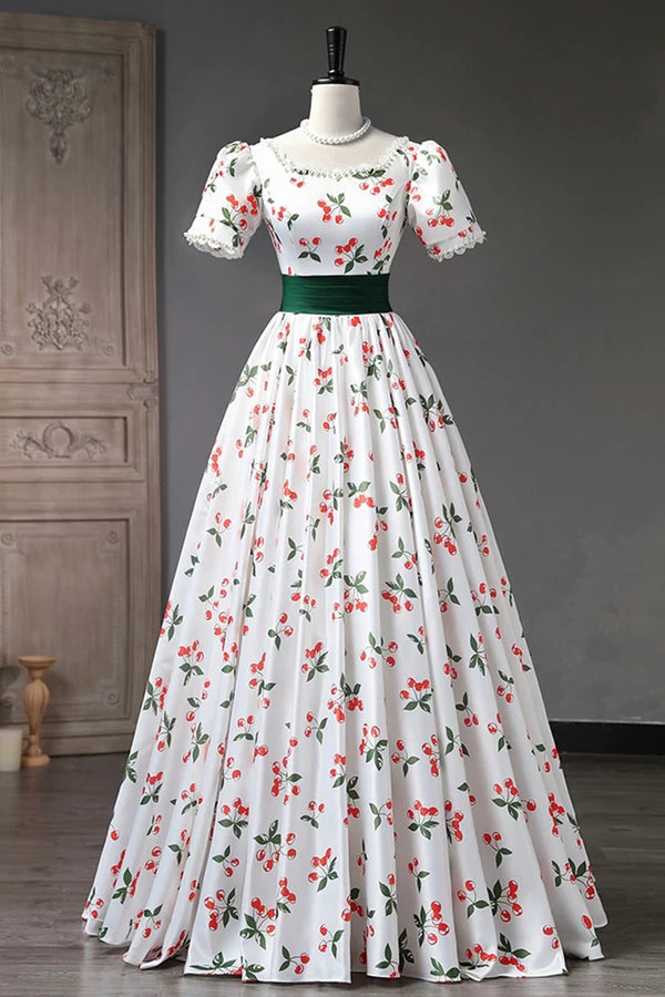 Cute Cherry Pattern Long Princess Prom Dress White A-Line Evening Party Dress