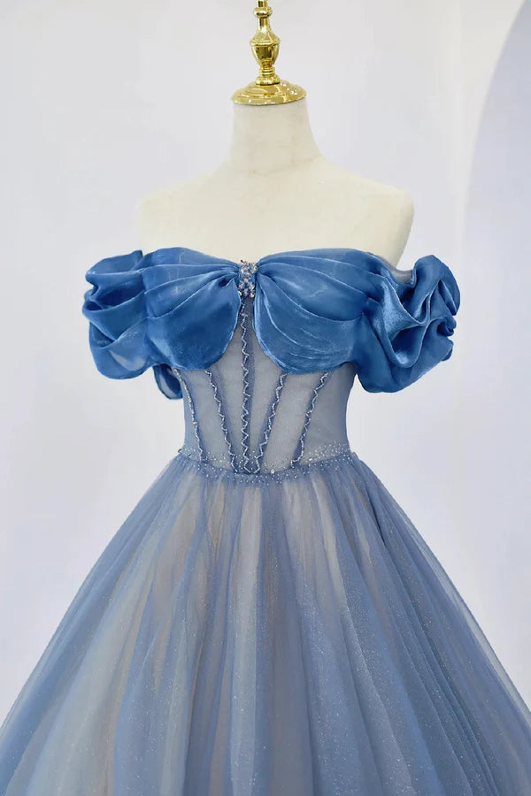 Blue Tulle Beaded Floor Length A-Line Prom Dress Elegant Off the Shoulder Evening Party Dress