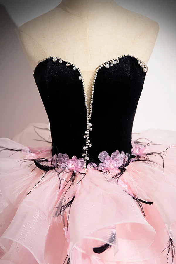 Black Velvet and Pink Tulle Strapless Ball Gown Pink Backless Ruffles Formal Evening Dress