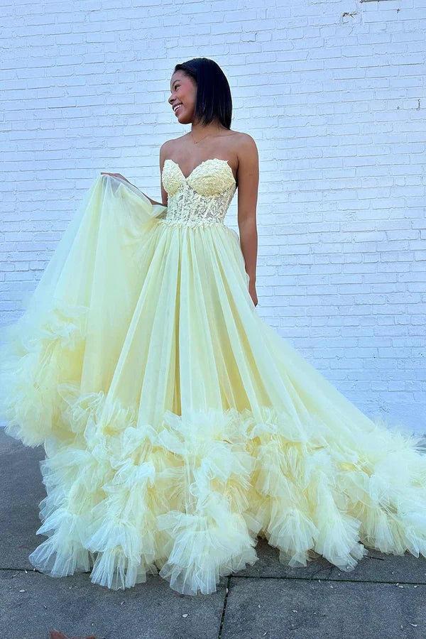 A-Line Yellow Sweetheart Corset Ruffle Prom Dress Beautiful Tulle Formal Evening Dress