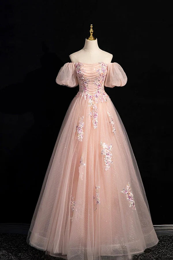 Pink Tulle Lace Floor Length Prom Dress Off the Shoulder Formal Evening Dress