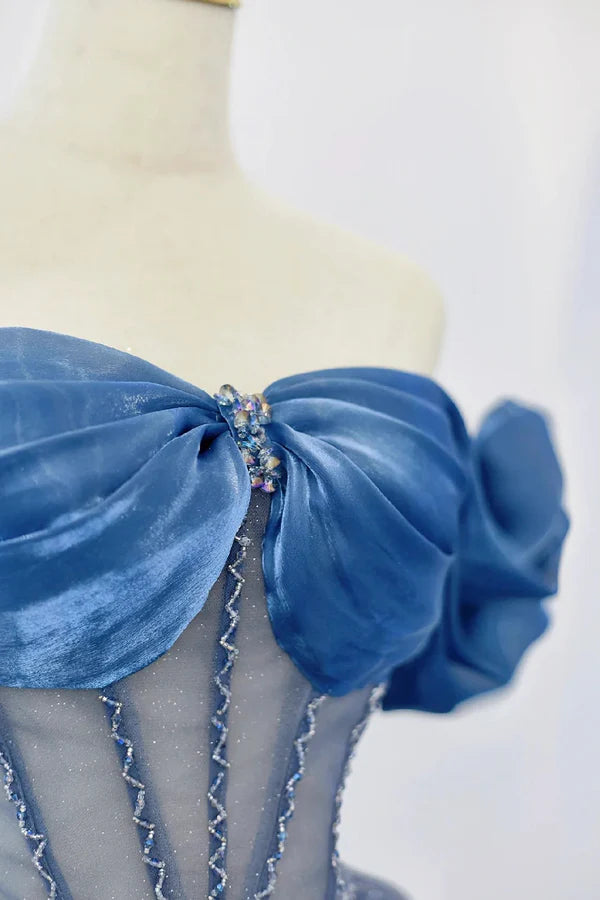 Blue Tulle Beaded Floor Length A-Line Prom Dress Elegant Off the Shoulder Evening Party Dress