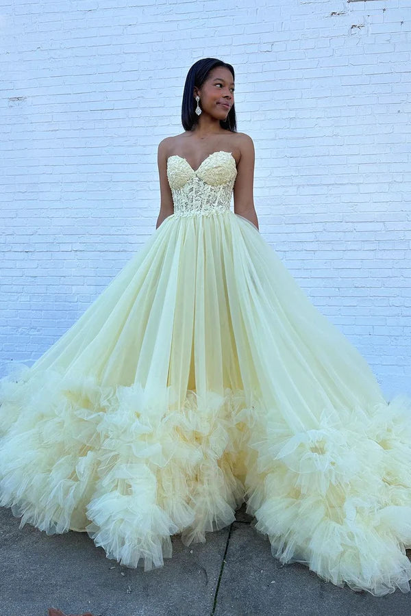 A-Line Yellow Sweetheart Corset Ruffle Prom Dress Beautiful Tulle Formal Evening Dress