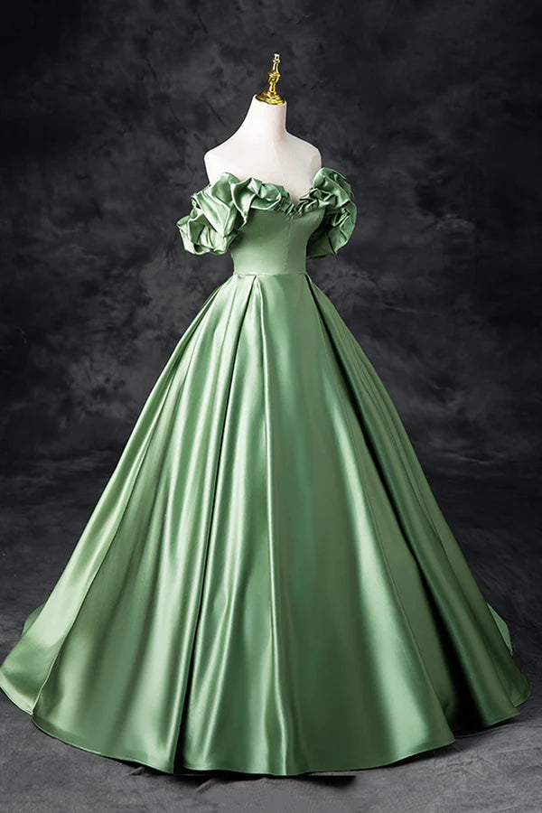 Green Satin Long A-Line Party Dress Off the Shoulder Formal Evening Dress