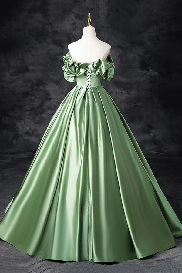 Green Satin Long A-Line Party Dress Off the Shoulder Formal Evening Dress