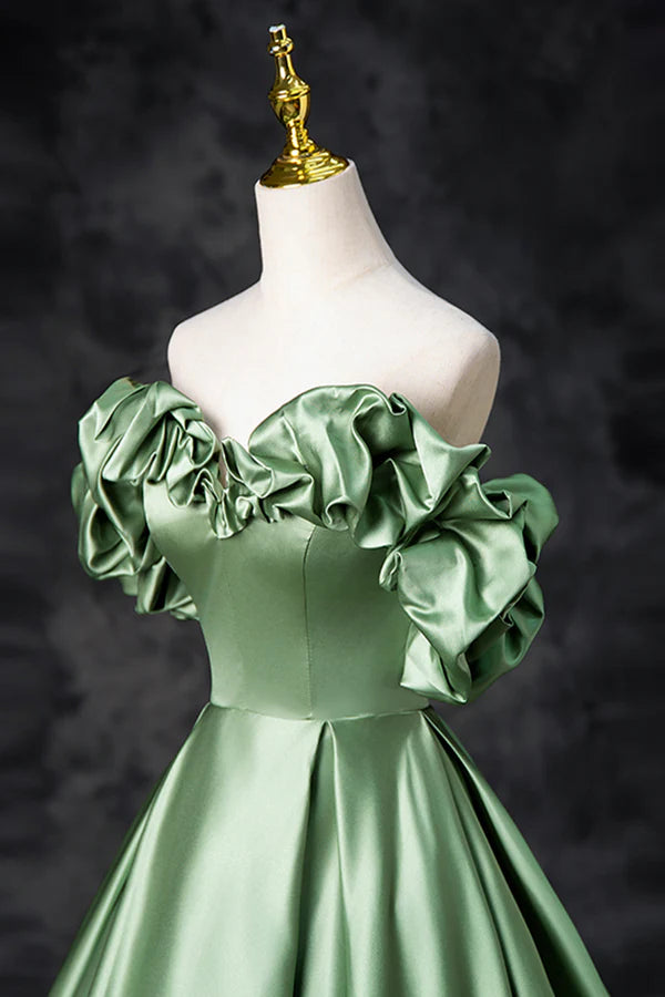 Green Satin Long A-Line Party Dress Off the Shoulder Formal Evening Dress