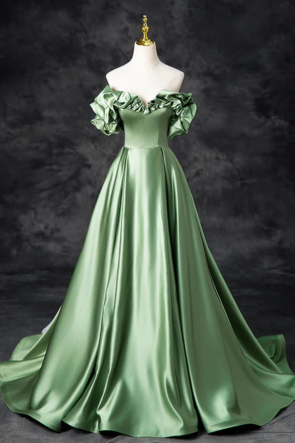 Green Satin Long A-Line Party Dress Off the Shoulder Formal Evening Dress