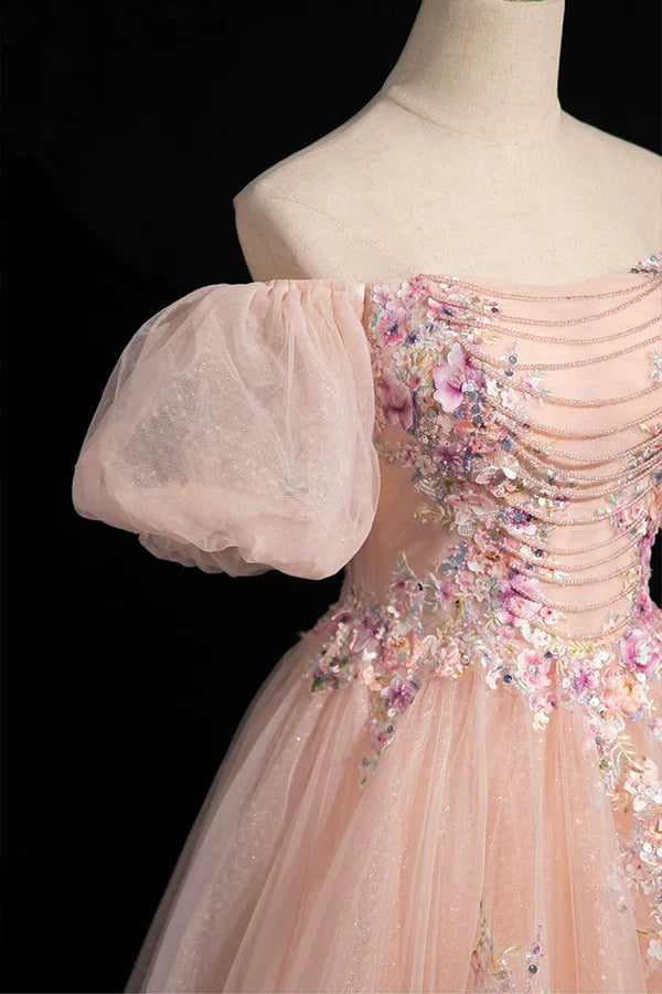 Pink Tulle Lace Floor Length Prom Dress Off the Shoulder Formal Evening Dress