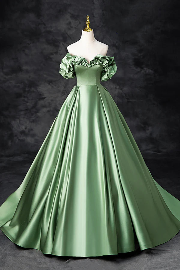 Green Satin Long A-Line Party Dress Off the Shoulder Formal Evening Dress